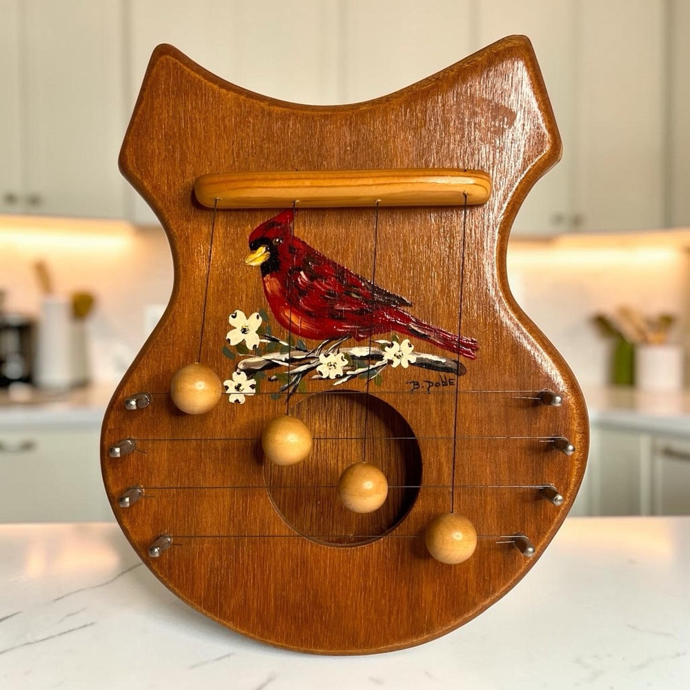 Vintage Door Harp Chime Musical Wood Hand Painted Cardinal Bird Signed USA